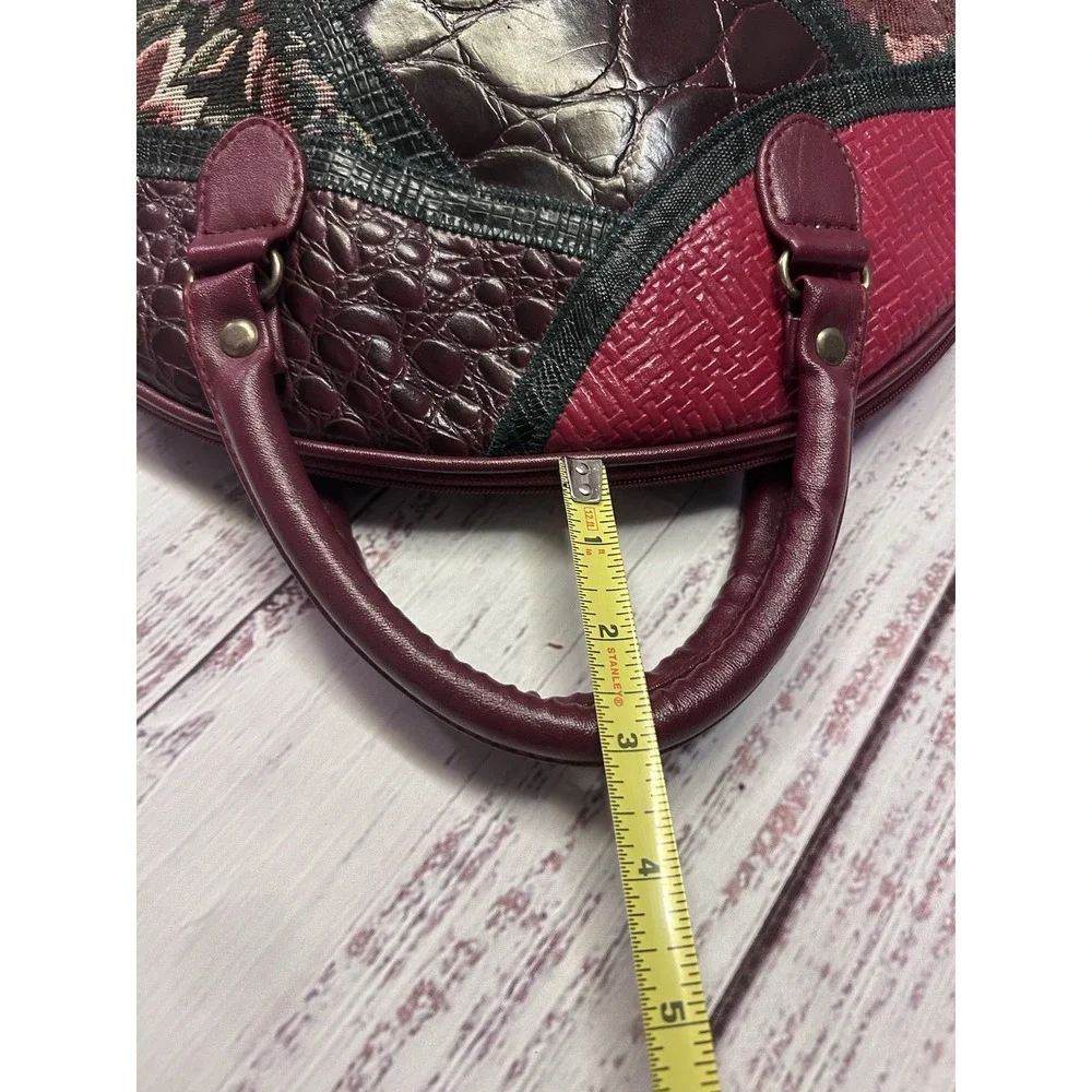 Vintage Style Burgundy Patchwork Satchel Floral Tapestry Croc Embossed Dome Bag